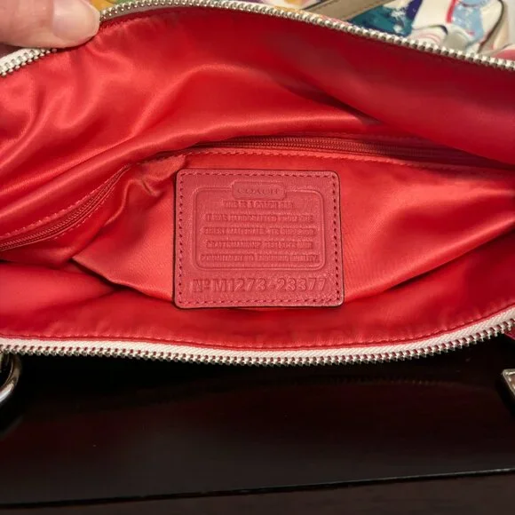 Coach Poppy Colorful Signature Canvas Hallie East/West Taupe Patent Leather Tote - Picture 14 of 14